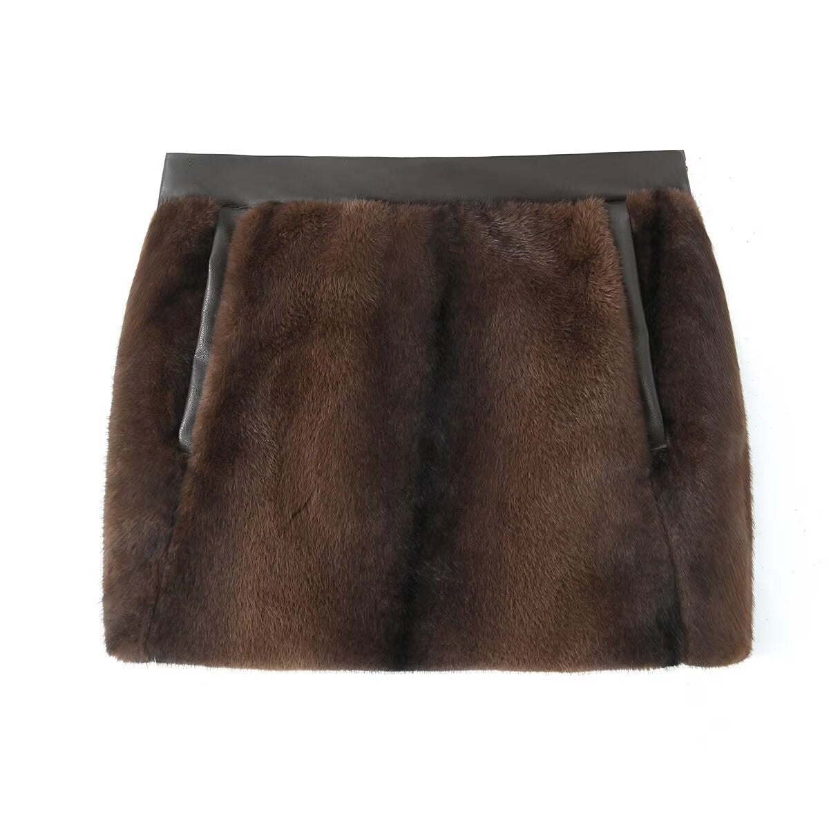 Maeve | Mini Skirt Brown Faux Fur Leather Trim