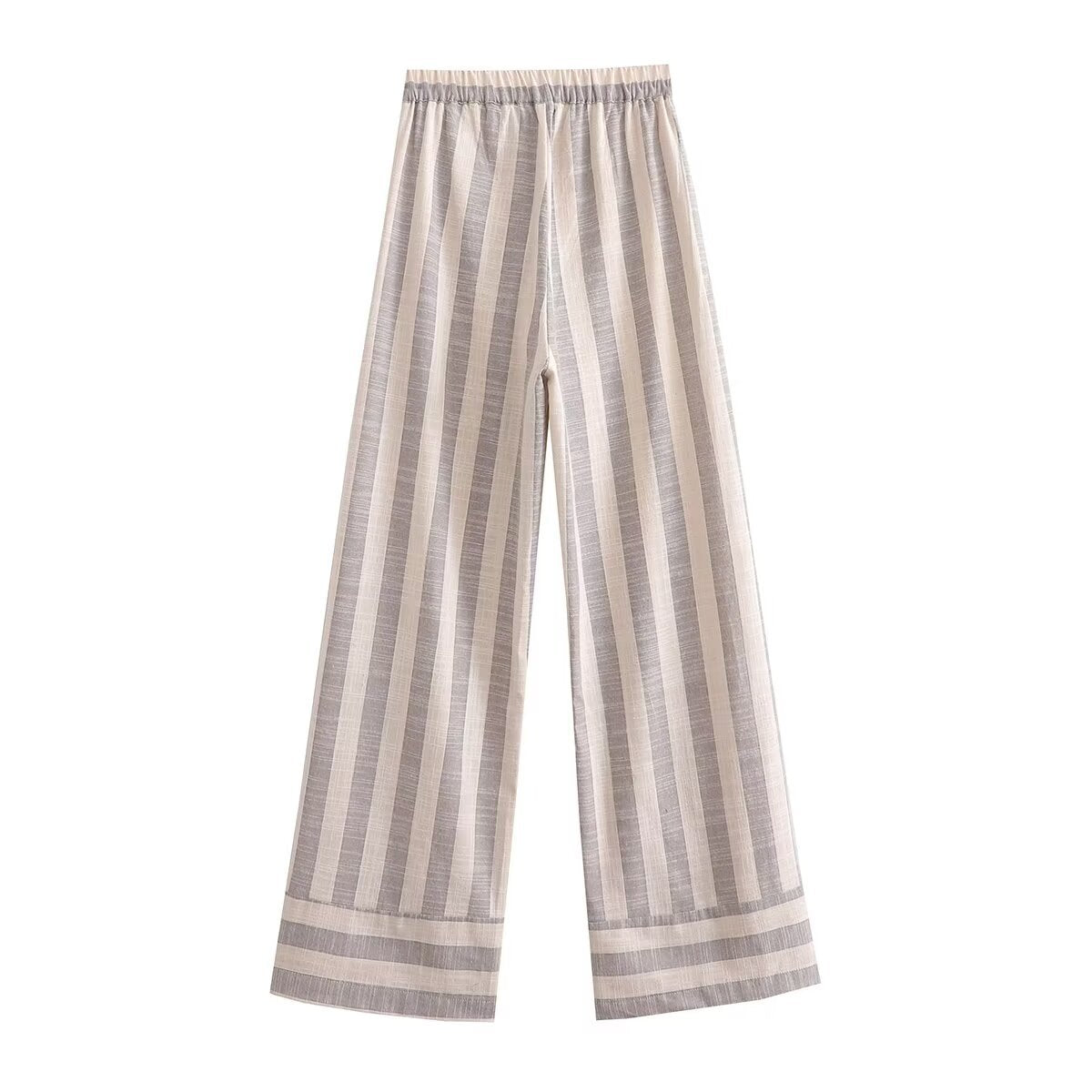 Lois | High-Waist Stripe Contrast Hem Wide-Leg Linen Trousers in Cream