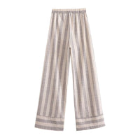 Lois | High-Waist Stripe Contrast Hem Wide-Leg Linen Trousers in Cream
