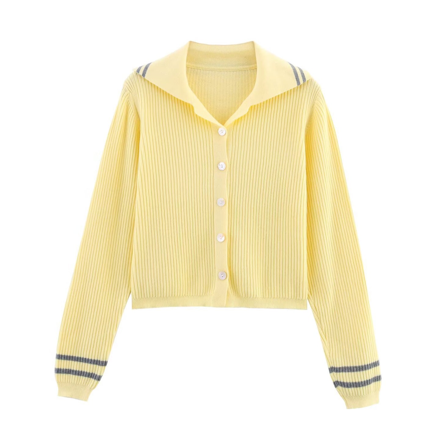 Edie | Spring Casual Knitted Top Yellow Long Sleeve Cardigan Striped Collar