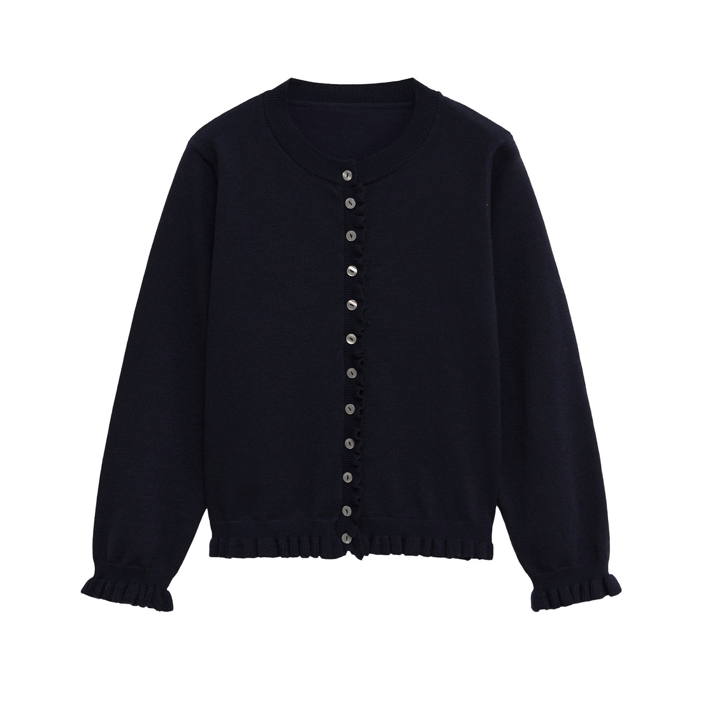 Sienna | Ruffle Trim Button Front Crew Neck Ruffled Cuff Cropped Knit Cardigan