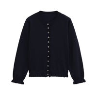 Sienna | Ruffle Trim Button Front Crew Neck Ruffled Cuff Cropped Knit Cardigan