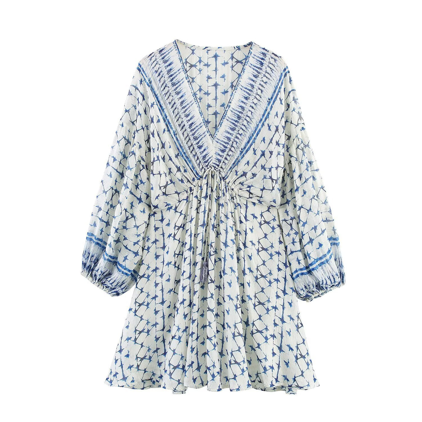 Ailsa | Tie-Dye Deep V-Neck Bishop Sleeve Mini Dress