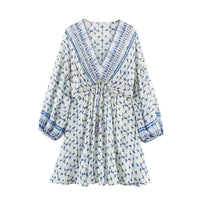 Ailsa | Tie-Dye Deep V-Neck Bishop Sleeve Mini Dress