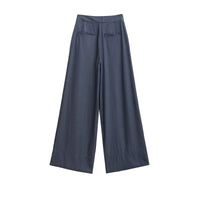 Primrose | High-Rise Gold Button Detail Wide-Leg Linen Trousers in Navy