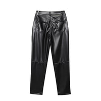 Ottilie | High-Waist Five-Pocket Knee Seam Faux Leather Straight-Leg Trousers in Black