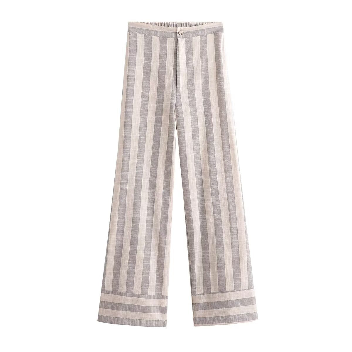 Lois | High-Waist Stripe Contrast Hem Wide-Leg Linen Trousers in Cream