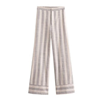 Lois | High-Waist Stripe Contrast Hem Wide-Leg Linen Trousers in Cream