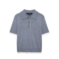 Zoe | Contrast Trim Short Sleeve Polo Knit Top in Grey