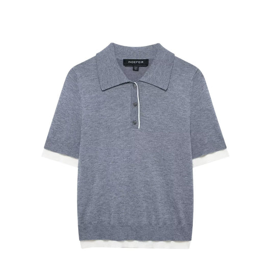 Amelia | Grey Knit Short Sleeve Polo with Contrast Trim