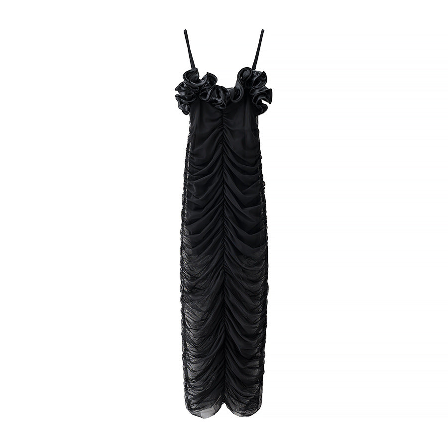 Natalia | Ruffled Bust Spaghetti Strap Full-Body Ruching Bodycon Maxi Dress
