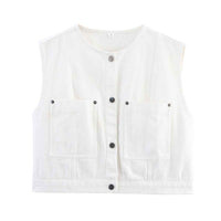 Ophelia | Sleeveless Denim Vest Navy Blue Button Front Utility Pockets