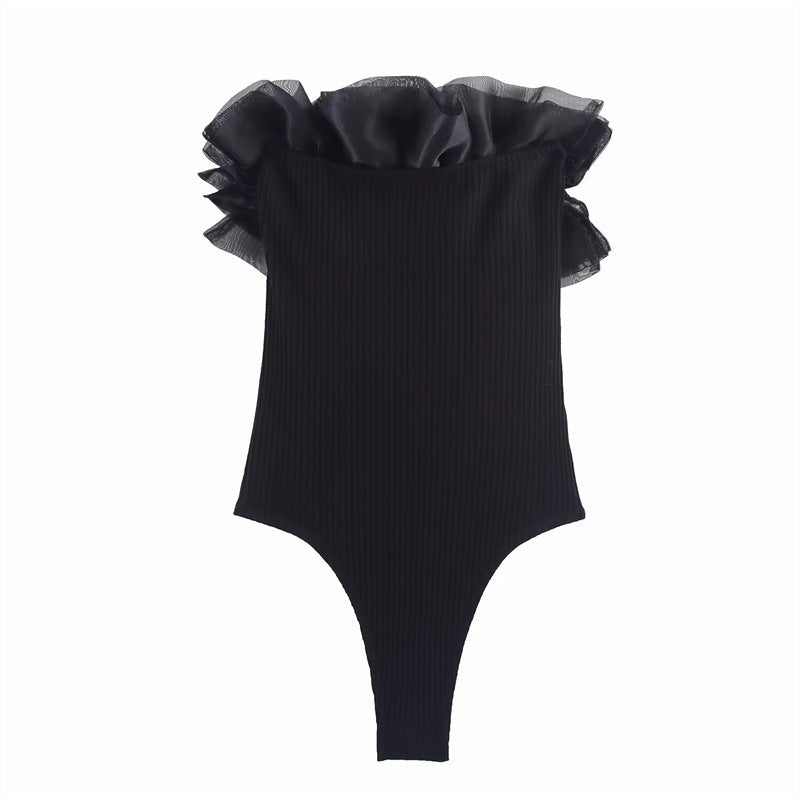 Yara | Strapless Ruffle Crop Top Black Bodysuit