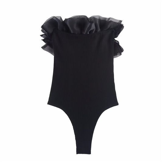 Yara | Strapless Ruffle Crop Top Black Bodysuit