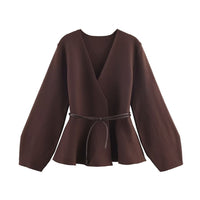 Eva | Deep V-Neck Tie Belt Peplum Hem Wrap Top