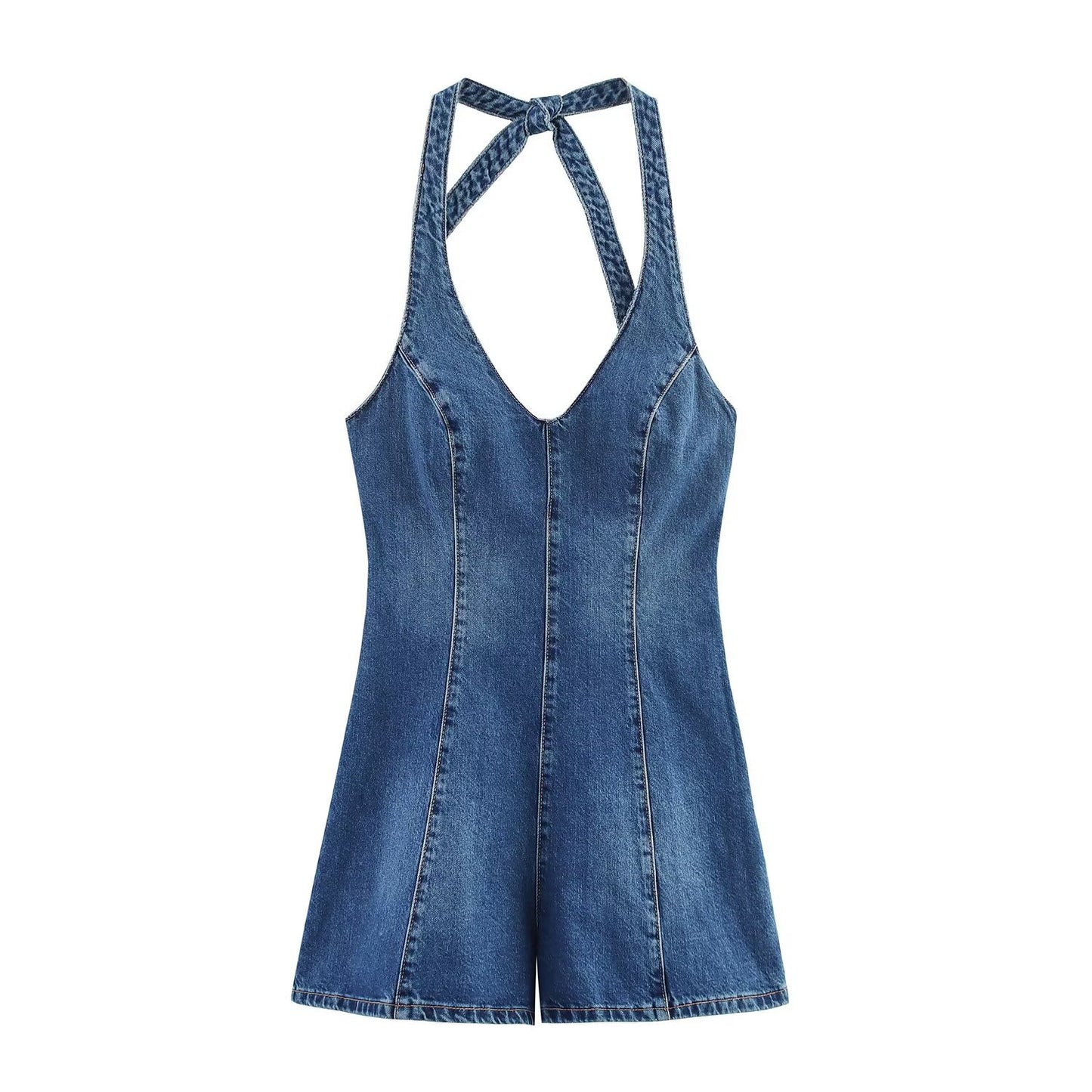 Lire | Casual Halter Neck Denim Dress Blue Shorts