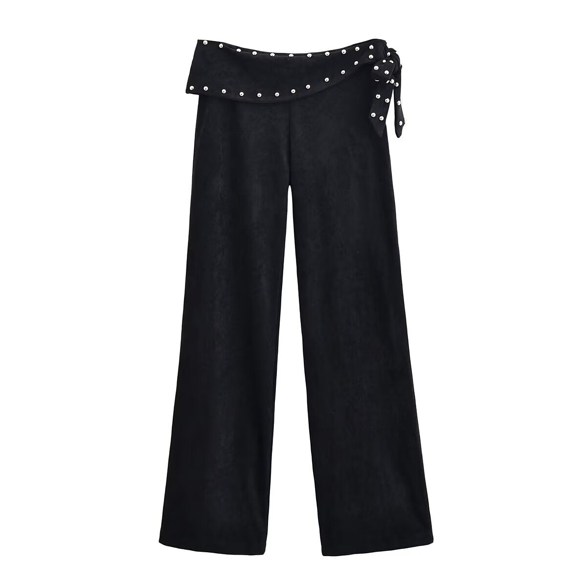 Mia | Studded Wrap Waistband Side-Tie Wide-Leg Jersey Trousers in Black
