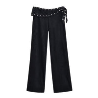 Mia | Studded Wrap Waistband Side-Tie Wide-Leg Jersey Trousers in Black