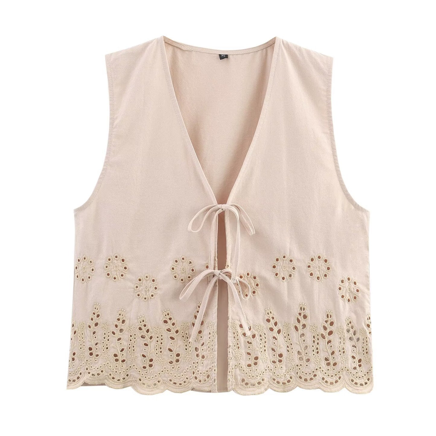 Iris | Lace Blouse Black Sleeveless Tie Front Broderie Anglaise