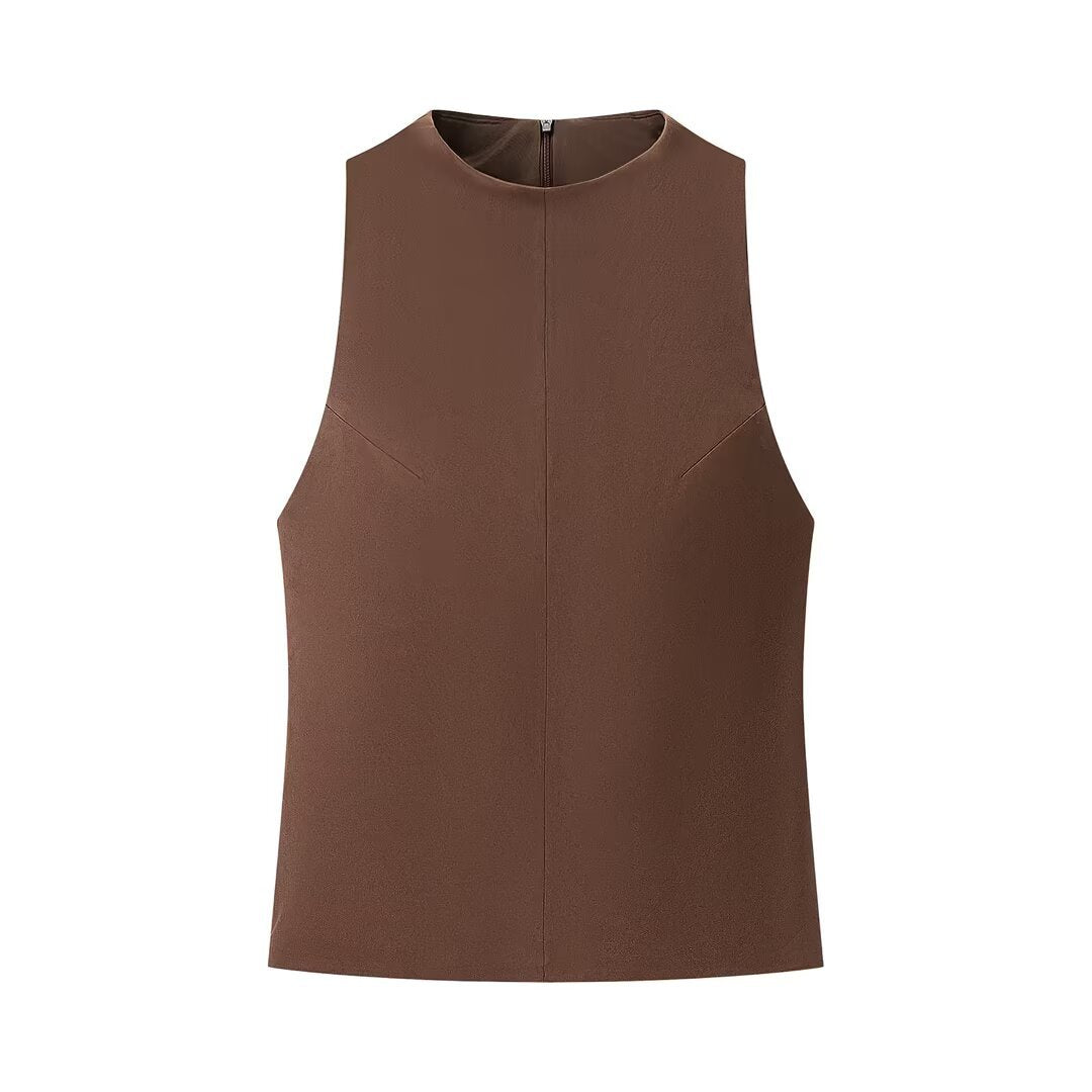 Viola | Vest Top Beige Sleeveless Fitted Suede