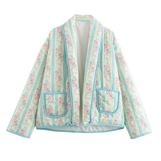 Edie | Quilted Jacket Cream Light Blue Floral Patchwork Long Sleeve
