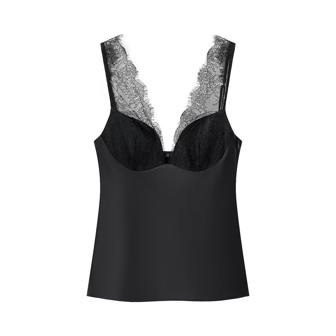 Fern | Elegant Lace Satin Cami Top Black V Neck Sleeveless