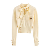 Robyn | Pussy-Bow Gold Button Twin Pocket Cropped Knit Top