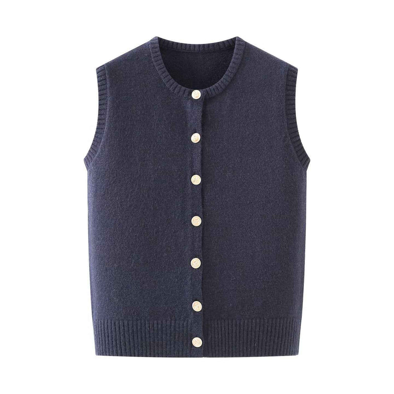 Neve | Knitted Vest Top Navy Sleeveless Button Front