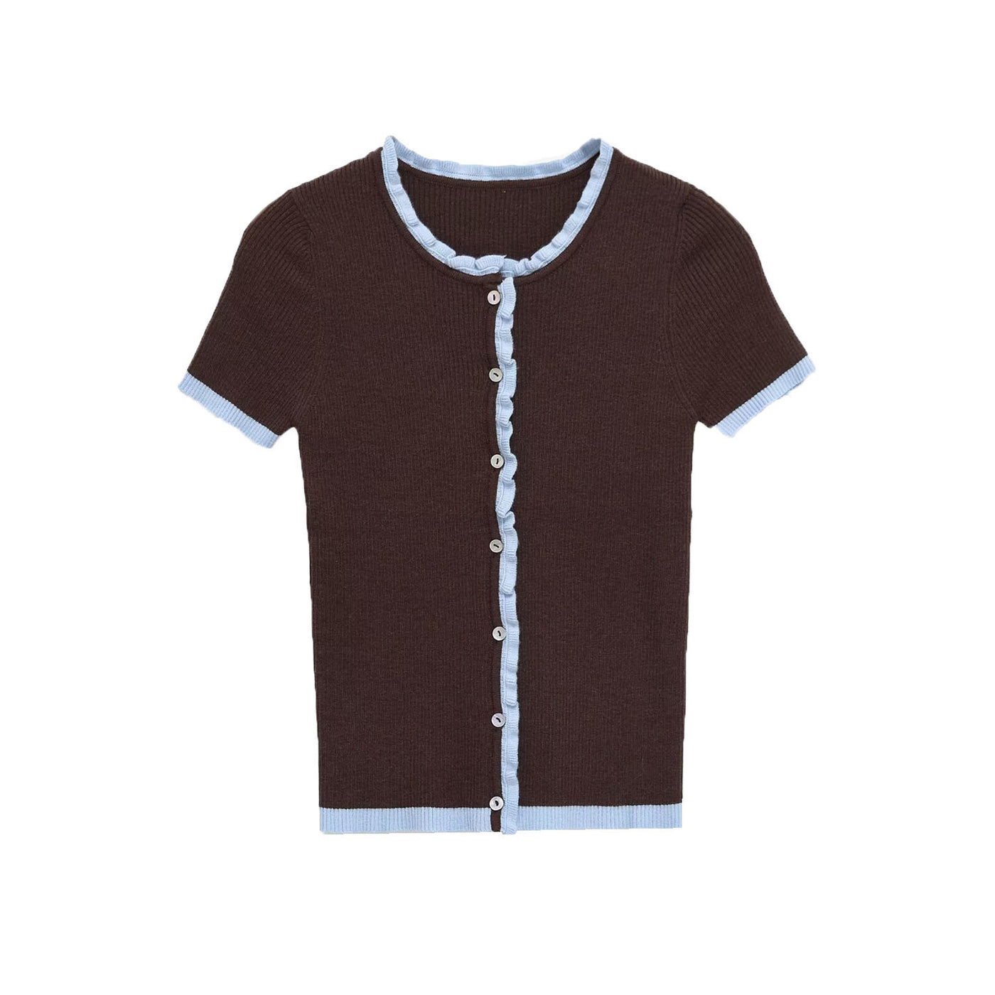 Mabel | Contrast Trim Ruffle Placket Ribbed Knit Top