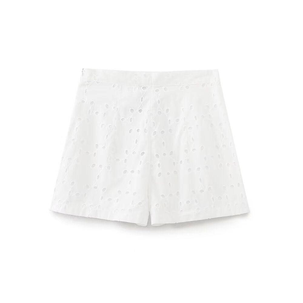 Nora | High-Waist Broderie Anglaise Panel White Linen Shorts