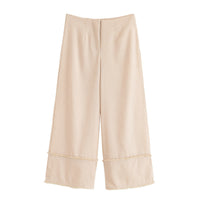 Paige | High-Waist Raw Hem Cropped Wide-Leg Cotton Trousers in Cream