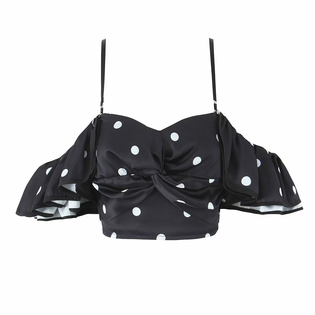 Juno | Satin Sweetheart Ruffled Off Shoulder Crop Top