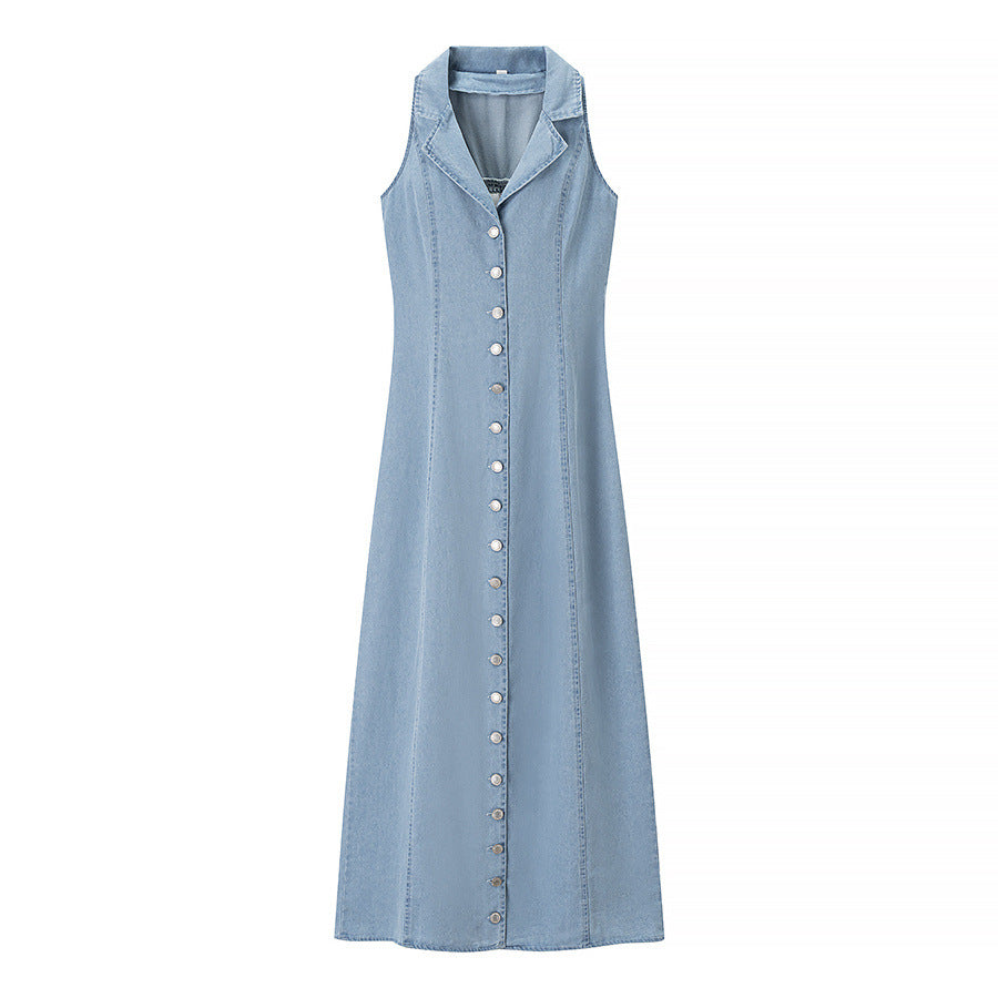 Arabella | Collared V-Neck Button-Front Denim Maxi Dress