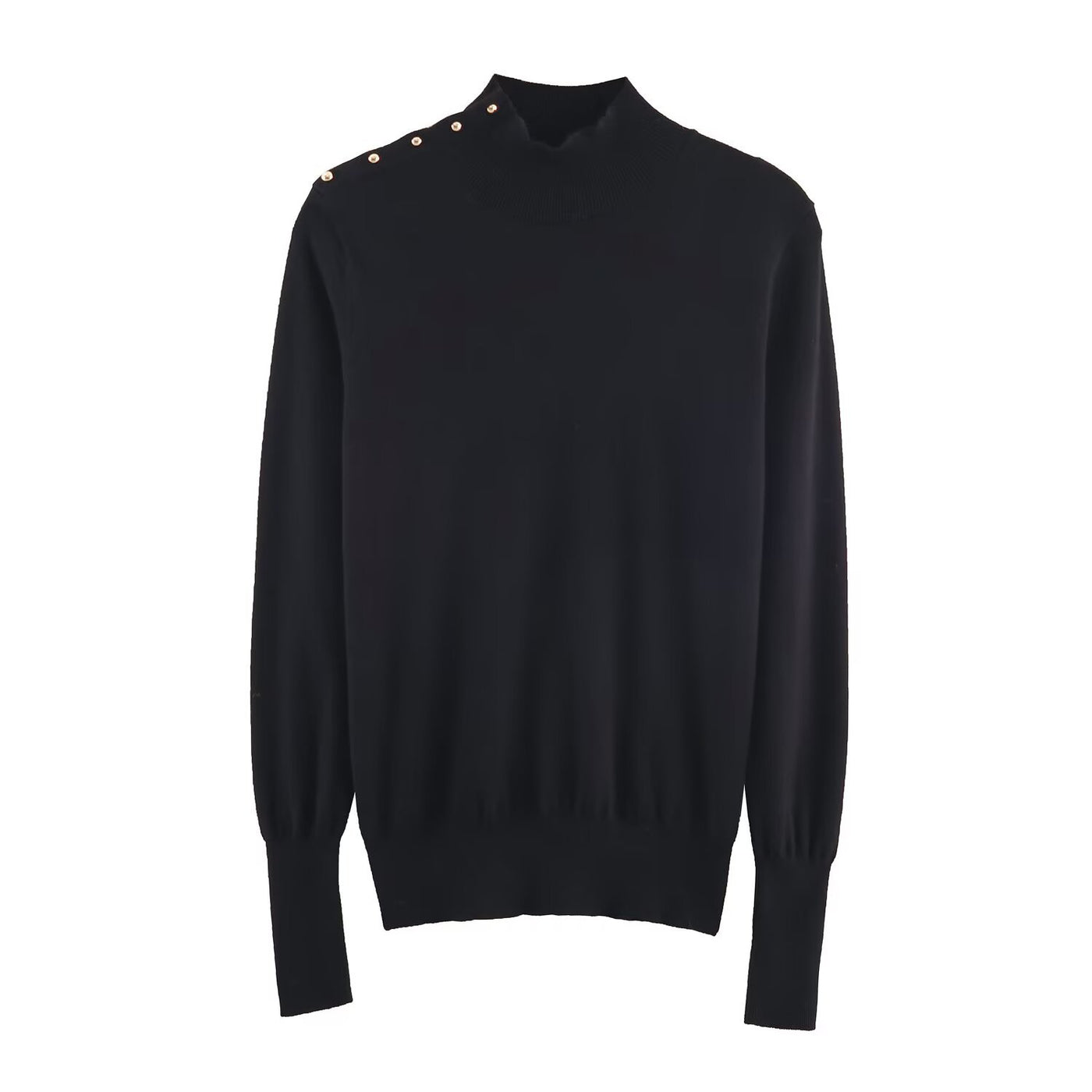 Sophie | Mock Neck Gold Shoulder Button Puff Shoulder Ribbed Fitted Knit Top