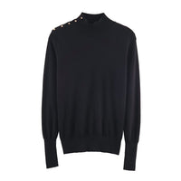 Sophie | Mock Neck Gold Shoulder Button Puff Shoulder Ribbed Fitted Knit Top