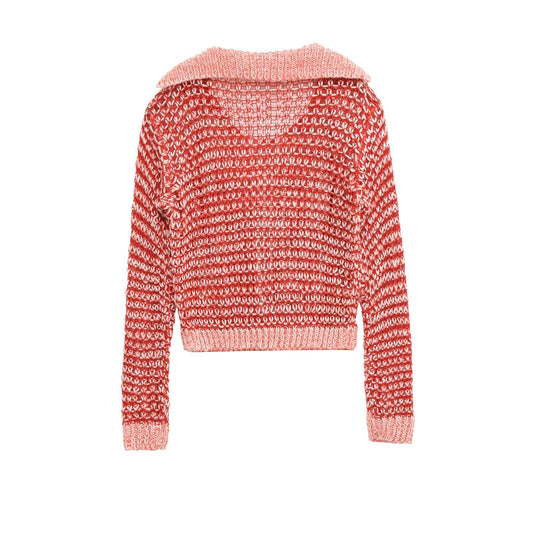 Ruby | Red Relaxed Open Knit Striped Hooded Jumper