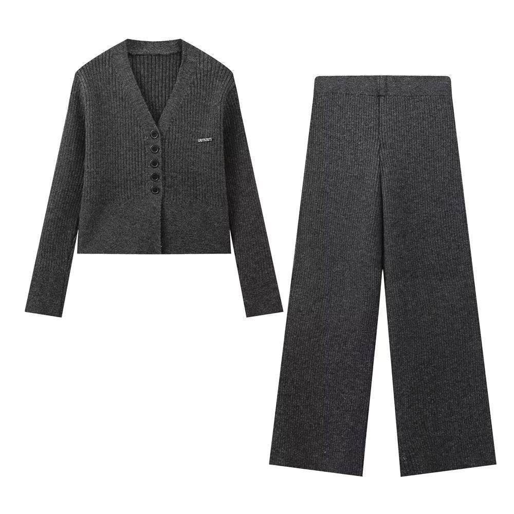 Lara | V-Neck Cardigan Ribbed Knit Wide Leg Co-ord Set