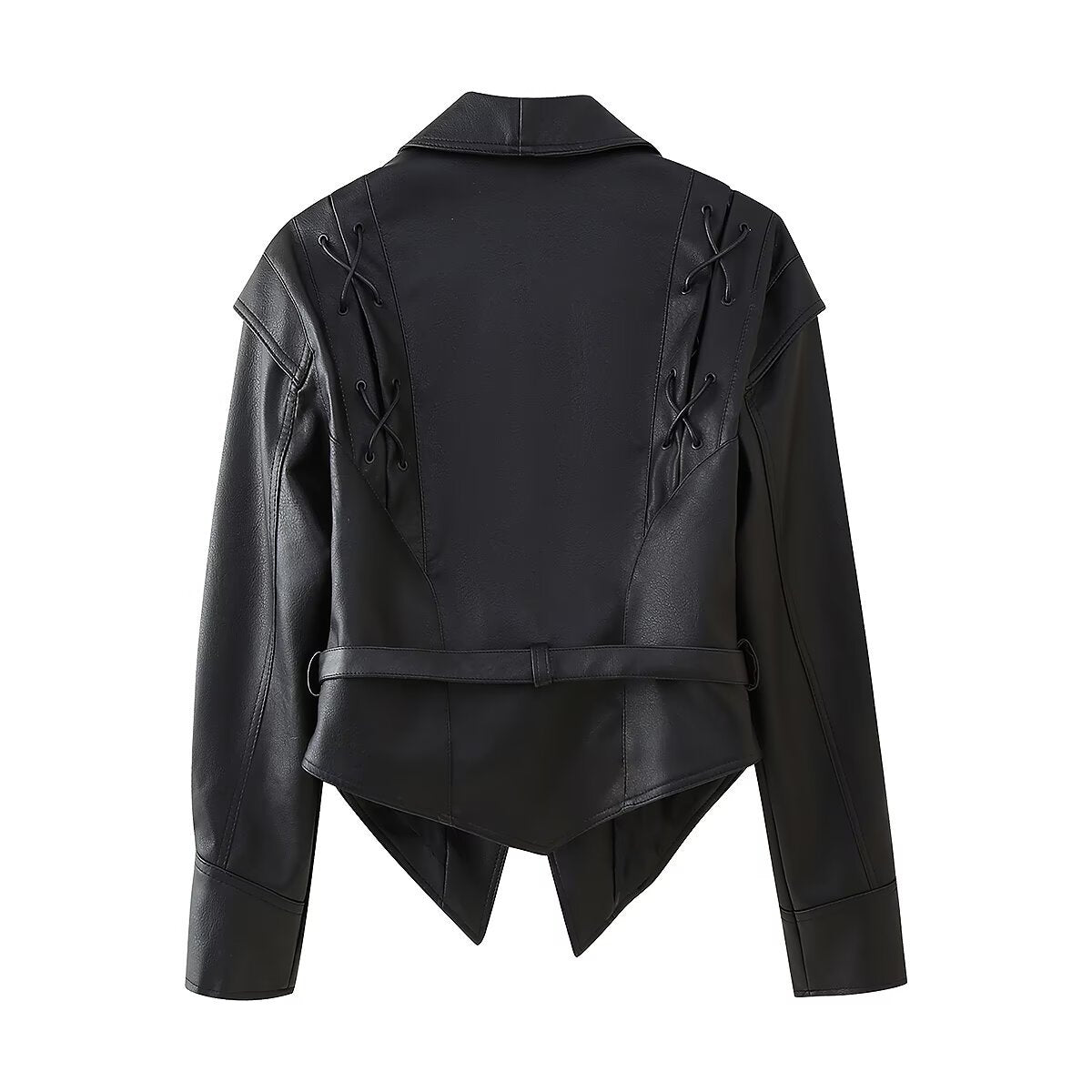 Nola | Faux Leather Jacket Black Belted Lace Up Long Sleeve