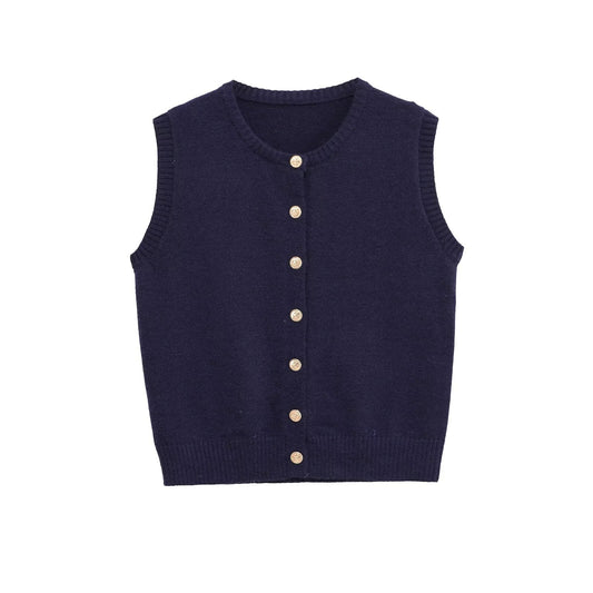 Sia | Sleeveless Knitted Top Navy Button Front Cropped