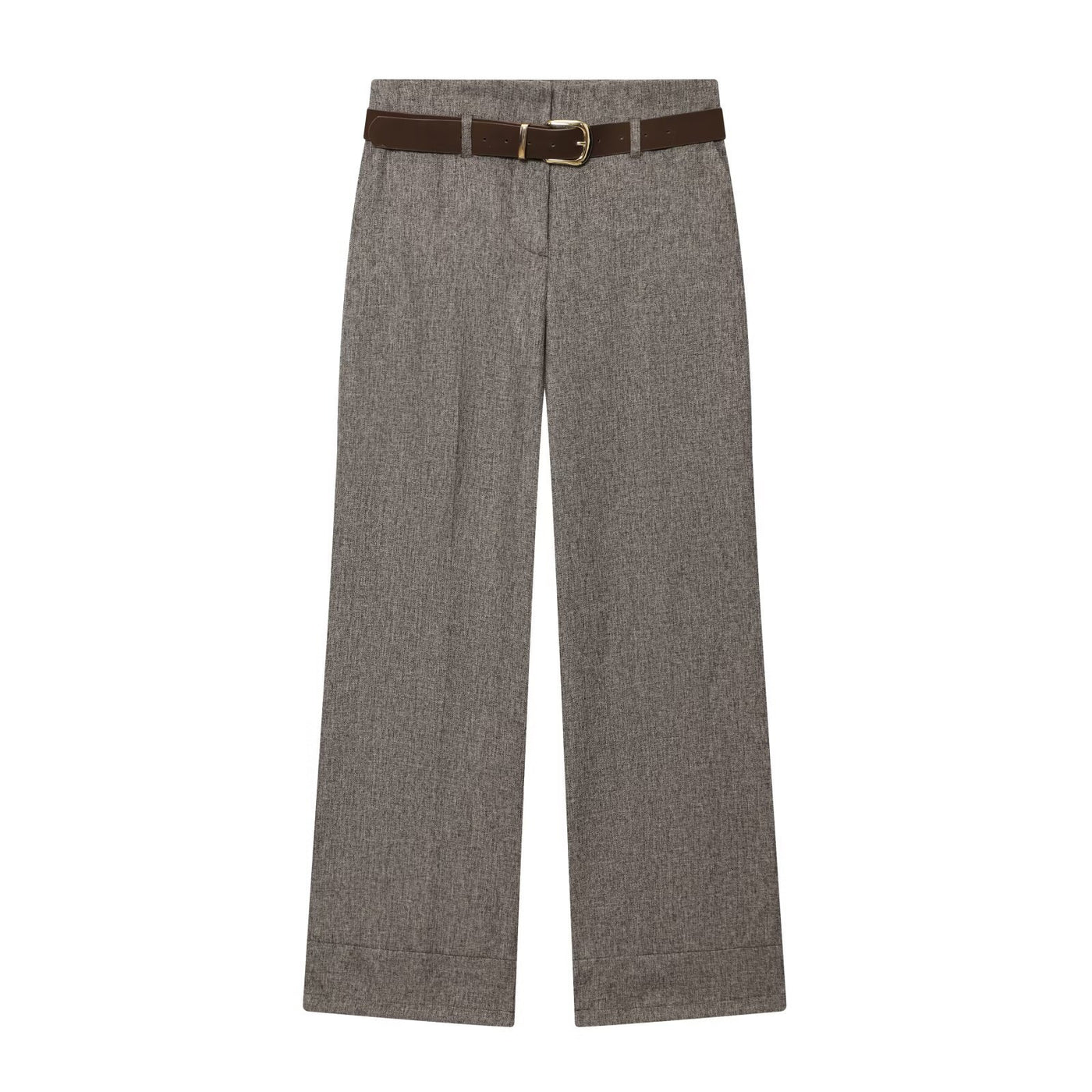 Sophia | Cuffed Hem Flat-Front Wide-Leg Tailored Trousers in Grey