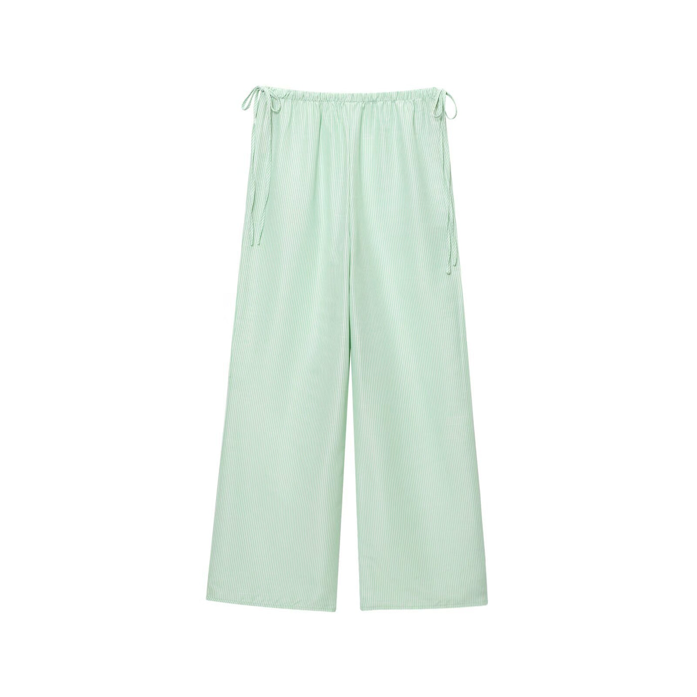 Louisa | Elasticated Side Drawstring Ribbed Wide-Leg Linen Trousers in Green