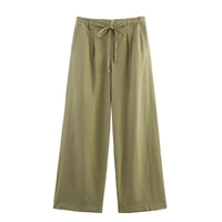 Francesca | Drawstring Pleat Side Pocket Wide-Leg Linen Trousers in Beige and Army Green
