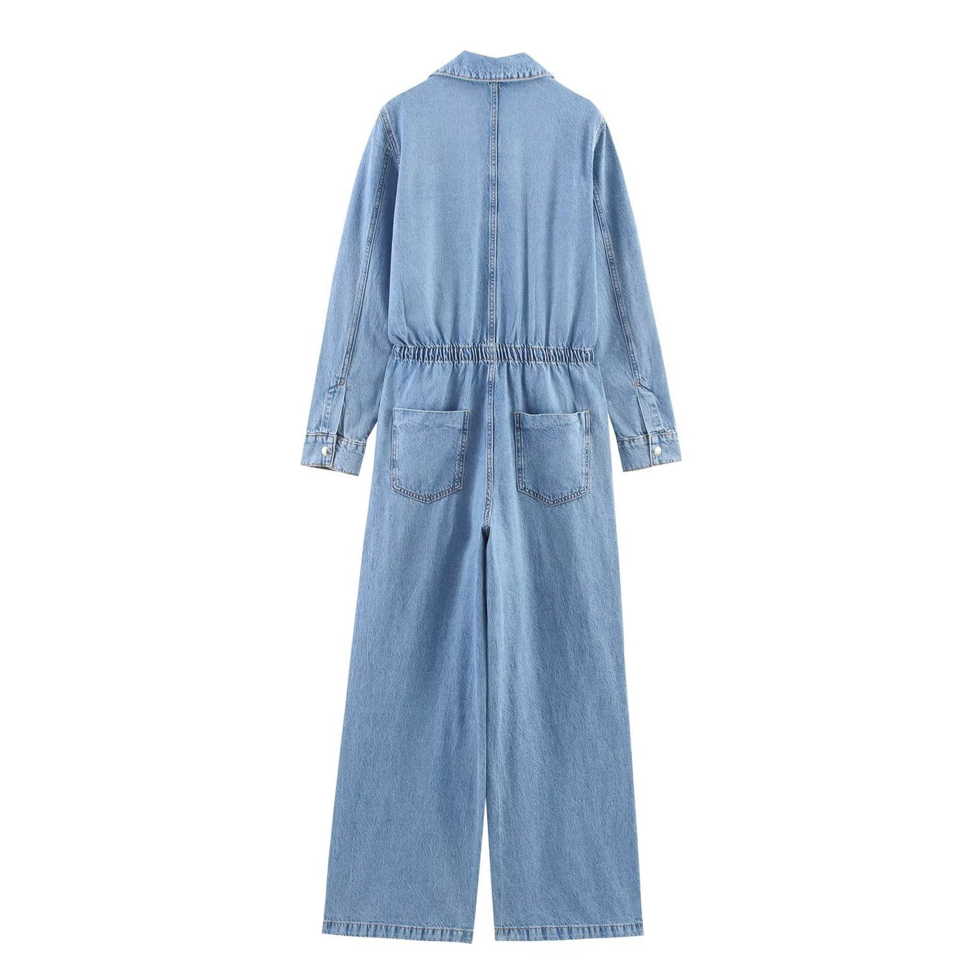 Arabella | Drawstring Waist Collared V-Neck Chest Pocket Wide-Leg Light Wash Denim Jumpsuit