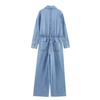 Arabella | Drawstring Waist Collared V-Neck Chest Pocket Wide-Leg Light Wash Denim Jumpsuit