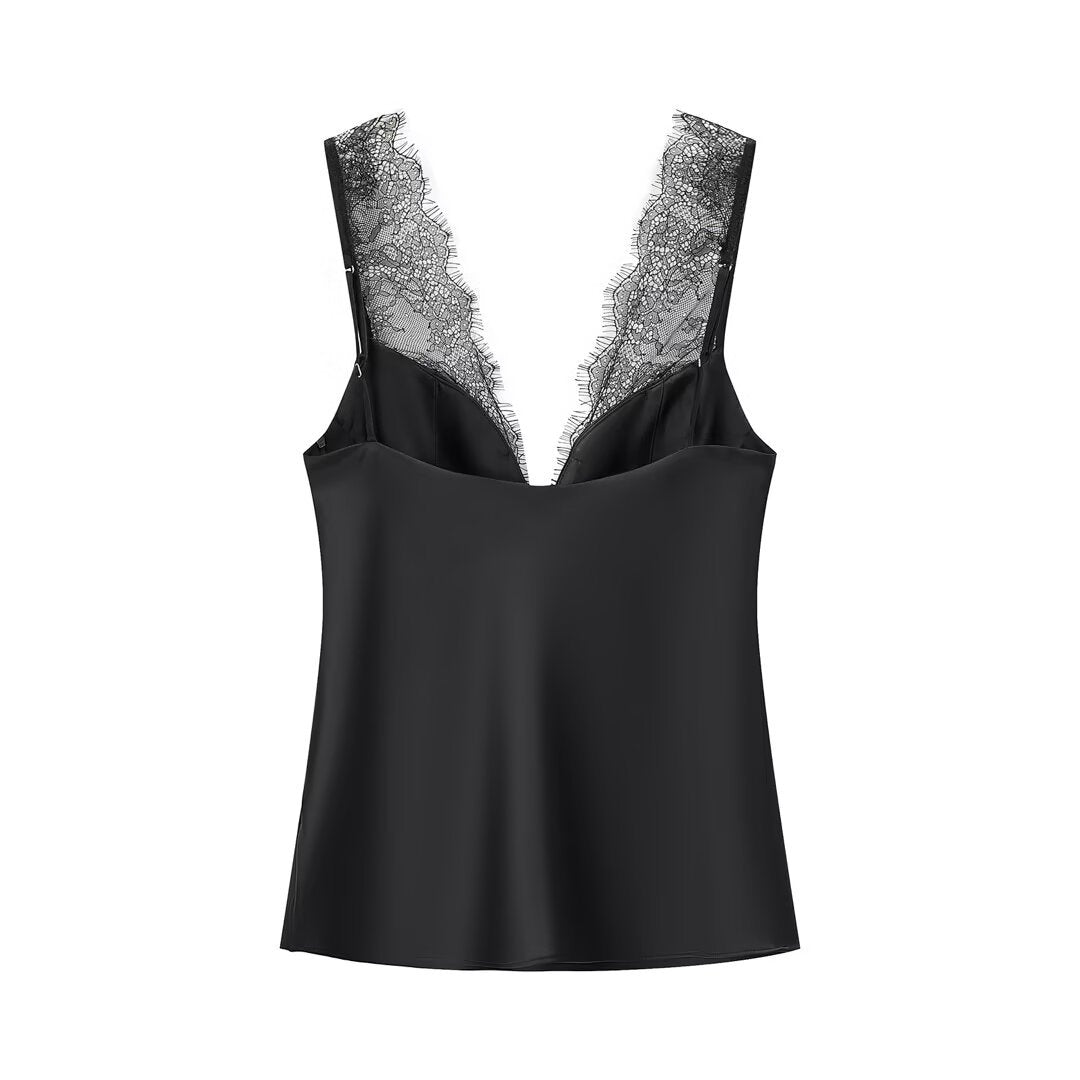 Fern | Elegant Lace Satin Cami Top Black V Neck Sleeveless
