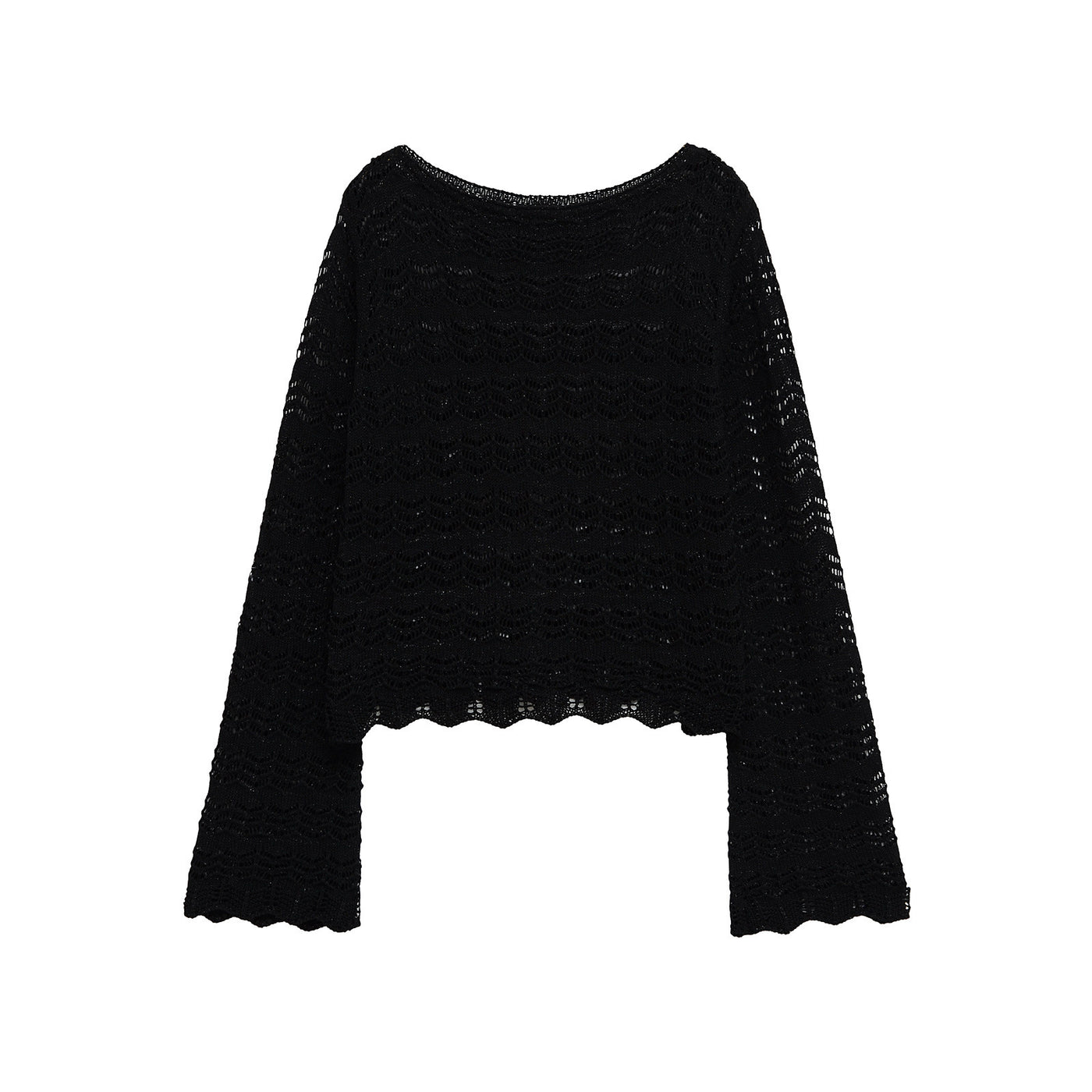 Hallie | Wide Boat Neck Flared Sleeve Scalloped Hem Open Crochet Crop Top