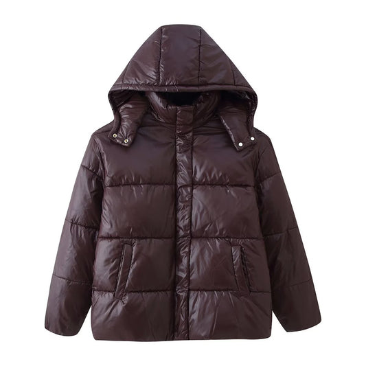 Faye | Winter Puffer Jacket Quilted Brown Hooded Long Sleeve