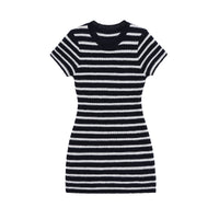 Pearl | Stripe Print Crew Neck Short Sleeve Ribbed Knit Bodycon Mini Dress