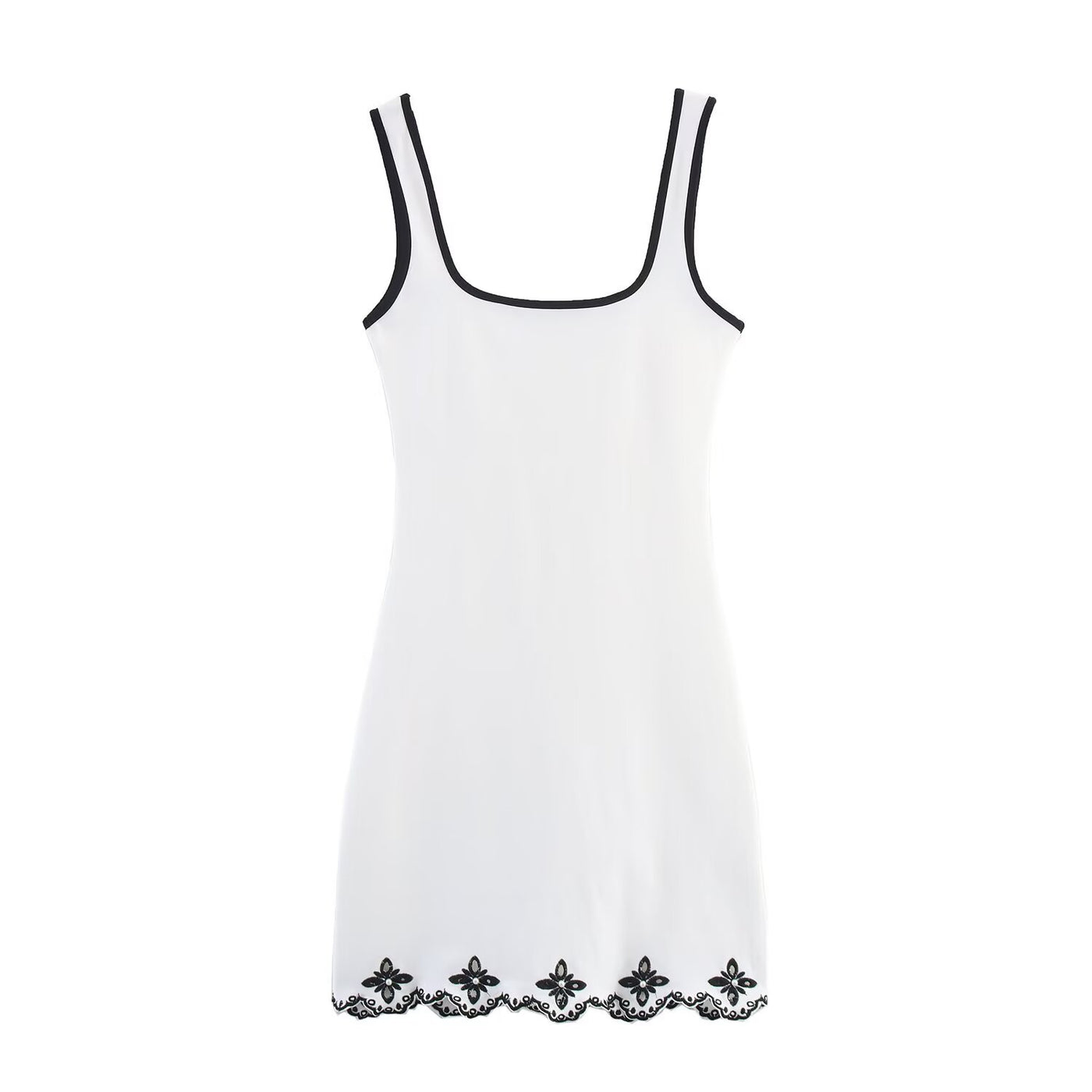 Saskia | Square Neck Contrast Piping Embroidered Scallop Hem Fitted Mini Dress