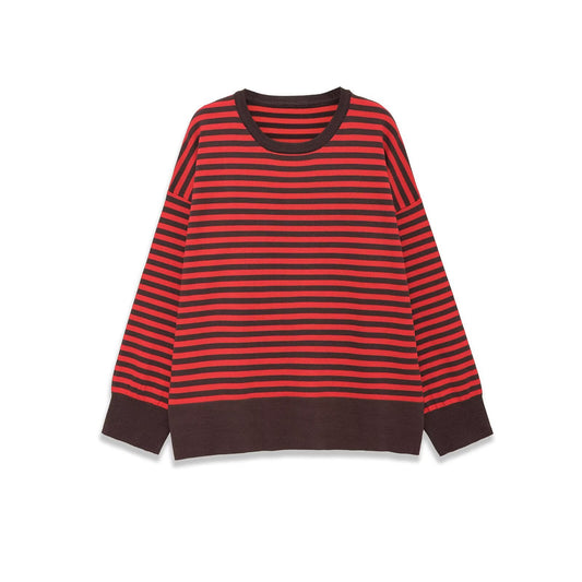 Lara | Striped Long Sleeve Top Red Trim Oversized Crew Neck Cotton